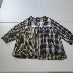 Cato Shirt Womens 22W Plaid Patchwork Peasant Blouse 3/4 Sleeve Grunge Boho